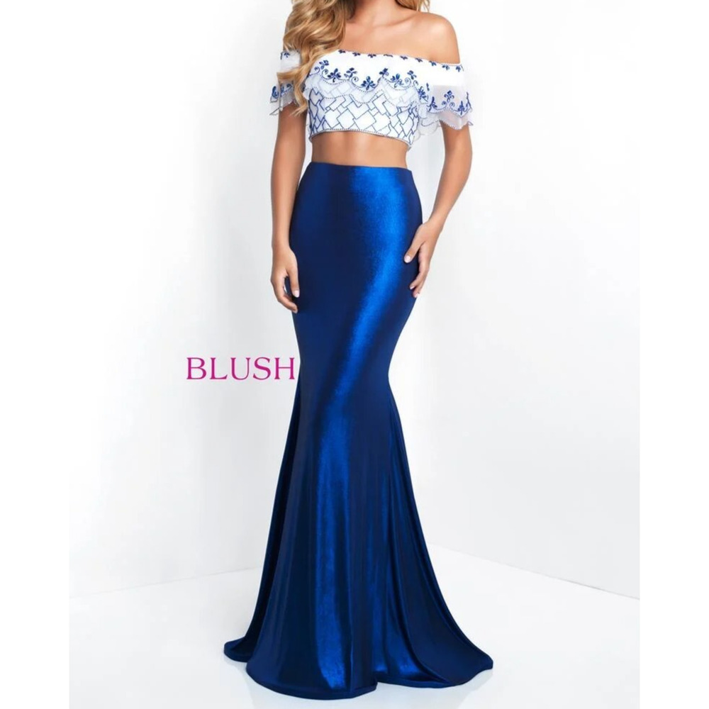 BLUSH PROM Sz 6 Metallic Sapphirel/White 2-piece PROM PAGEANT FORMAL DRESS 11558